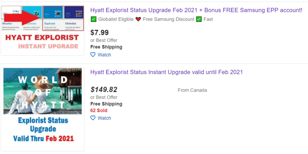 eBay listings offering access to a Hyatt Explorist and Globalist challenge.