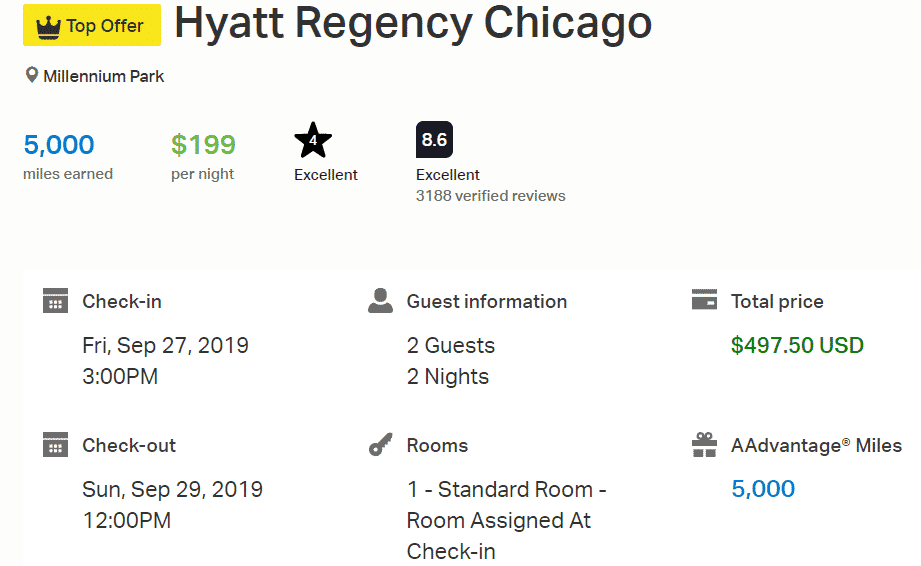 A screenshot showing you could earn 5,000 AAdvantage miles by booking the Hyatt Regency Chicago through Rocketmiles